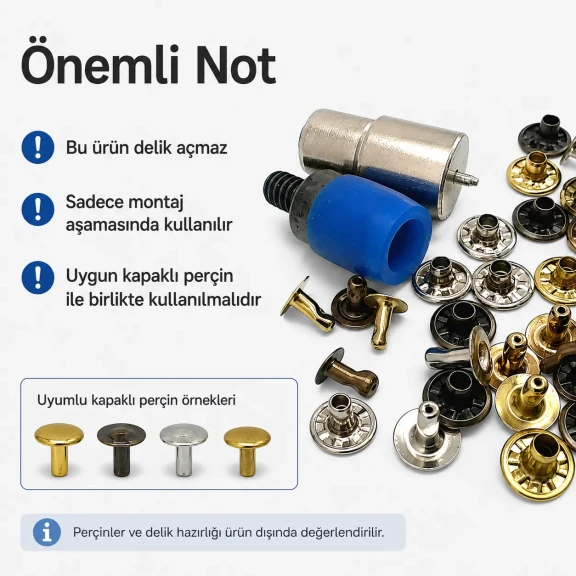 Kapaklı Perçin Montaj Aparatı 9,5 mm KLP00R95, metal yapısı ile deri ve kumaş montajında profesyonel kullanım için ideal