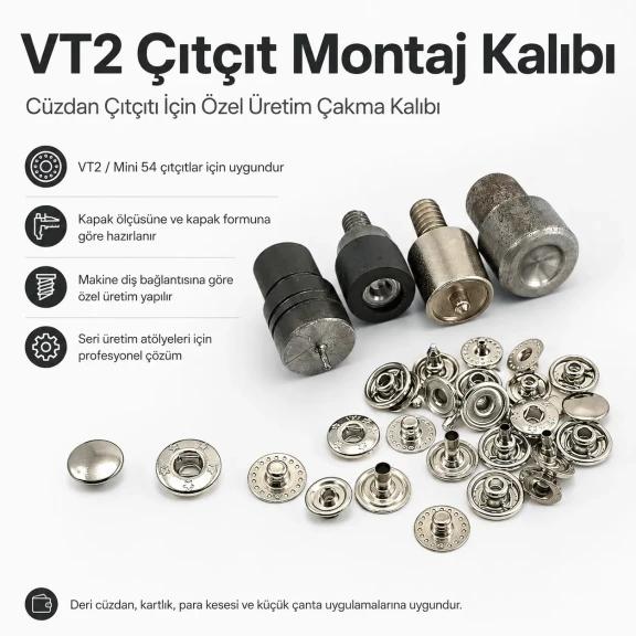 VT2 Çıtçıt Montaj Kalıbı - Cüzdan Çıtçıtı Çakma Kalıbı KLP054VT2, cüzdan ve çanta montajı için yüksek kaliteli metal yapıda