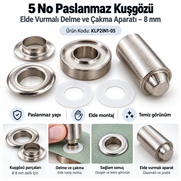 8 mm 5 No Paslanmaz Kuşgözü Elde Vurmalı Delme ve Çakma Aparatı KLP2IN1-05