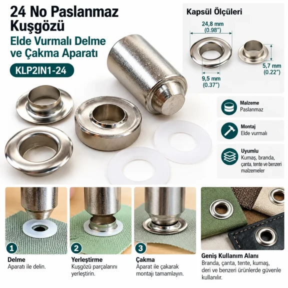 9.5 mm 24 No Paslanmaz Kuşgözü Elde Vurmalı Delme ve Çakma Aparatı KLP2IN1-24