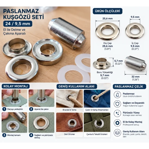 9.5 mm 24 No Paslanmaz Kuşgözü Elde Vurmalı Delme ve Çakma Aparatı KLP2IN1-24