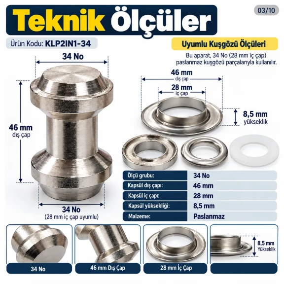 28 mm 34 No Paslanmaz Kuşgözü Elde Vurmalı Delme ve Çakma Aparatı KLP2IN1-34