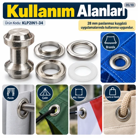 28 mm 34 No Paslanmaz Kuşgözü Elde Vurmalı Delme ve Çakma Aparatı KLP2IN1-34