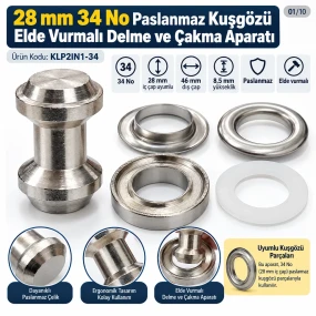 28 mm 34 No Paslanmaz Kuşgözü Elde Vurmalı Delme ve Çakma Aparatı KLP2IN1-34