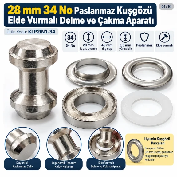 28 mm 34 No Paslanmaz Kuşgözü Elde Vurmalı Delme ve Çakma Aparatı KLP2IN1-34