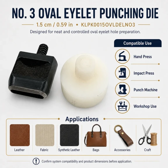 1,5 cm No 3 Oval Kuşgözü Delme Kalıbı, yüksek kaliteli metal yapısı ile tekstil, deri ve kağıt malzemelerde kullanıma uygun