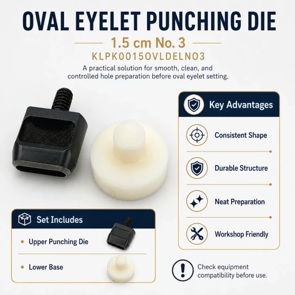 1,5 cm No 3 Oval Kuşgözü Delme Kalıbı, yüksek kaliteli metal yapısı ile tekstil, deri ve kağıt malzemelerde kullanıma uygun