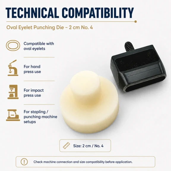 2 cm No 4 Oval Kuşgözü Delme Kalıbı, yüksek kaliteli metal malzemeden üretilmiş, tekstil ve deri ürünlerinde kolay montaj