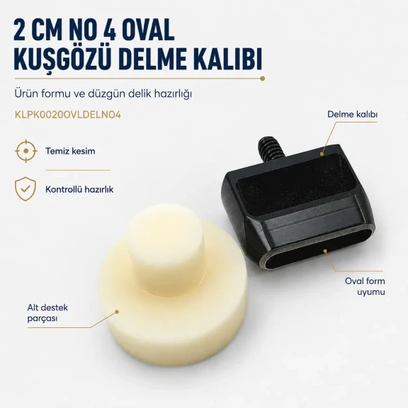 2 cm No 4 Oval Kuşgözü Delme Kalıbı, yüksek kaliteli metal malzemeden üretilmiş, tekstil ve deri ürünlerinde kolay montaj
