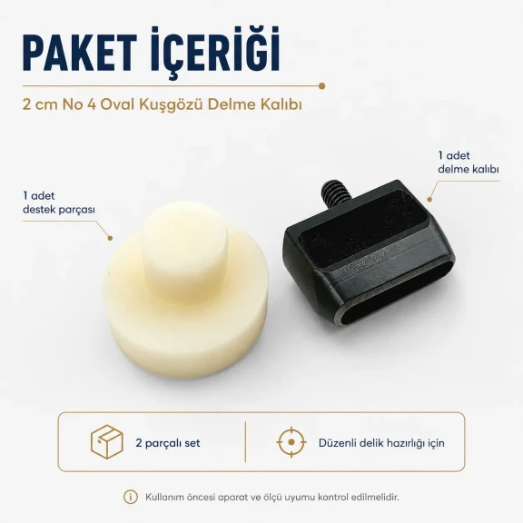 2 cm No 4 Oval Kuşgözü Delme Kalıbı, yüksek kaliteli metal malzemeden üretilmiş, tekstil ve deri ürünlerinde kolay montaj