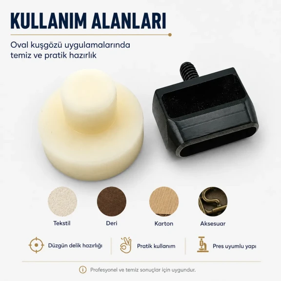 2 cm No 4 Oval Kuşgözü Delme Kalıbı, yüksek kaliteli metal malzemeden üretilmiş, tekstil ve deri ürünlerinde kolay montaj
