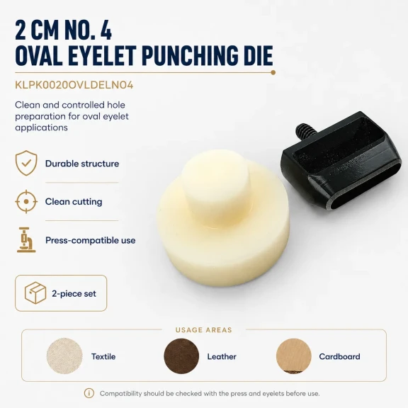 2 cm No 4 Oval Kuşgözü Delme Kalıbı, yüksek kaliteli metal malzemeden üretilmiş, tekstil ve deri ürünlerinde kolay montaj