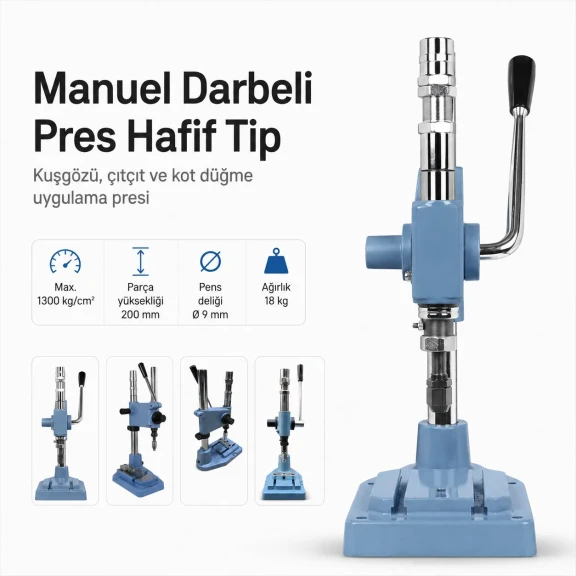 Manuel Darbeli Pres Hafif Tip - Kuşgözü, Çıtçıt ve Kot Düğme Uygulama Presi M00100, metal ve deri malzemeden yapılmış, 15mm