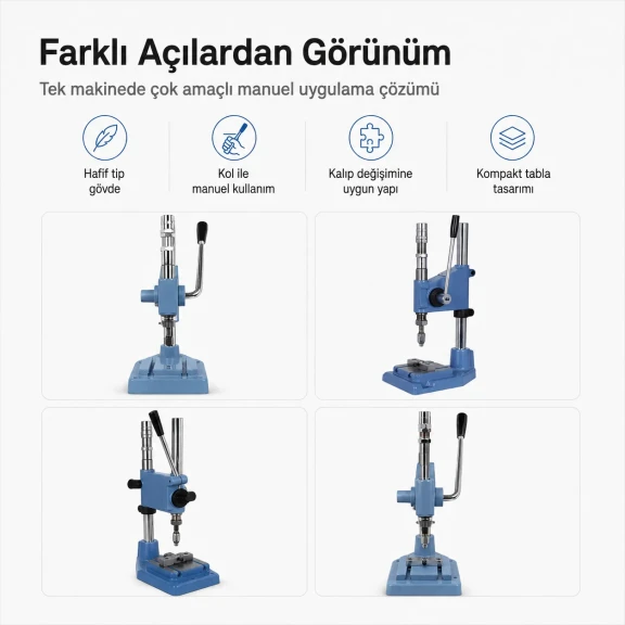 Manuel Darbeli Pres Hafif Tip - Kuşgözü, Çıtçıt ve Kot Düğme Uygulama Presi M00100, metal ve deri malzemeden yapılmış, 15mm