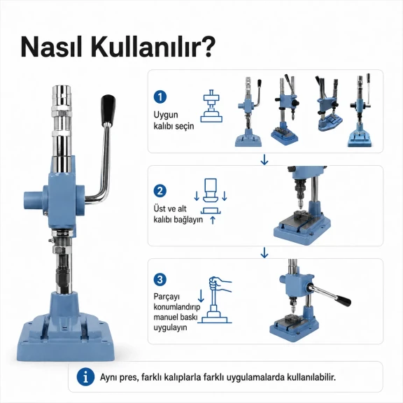 Manuel Darbeli Pres Hafif Tip - Kuşgözü, Çıtçıt ve Kot Düğme Uygulama Presi M00100, metal ve deri malzemeden yapılmış, 15mm