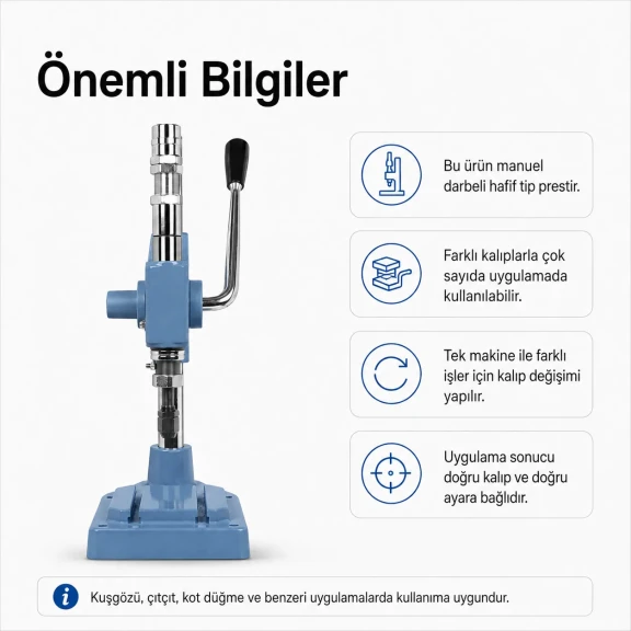 Manuel Darbeli Pres Hafif Tip - Kuşgözü, Çıtçıt ve Kot Düğme Uygulama Presi M00100, metal ve deri malzemeden yapılmış, 15mm