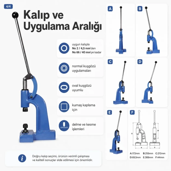 Manuel Pres Kuşgözü Montaj Presi M00101, hafif tip darbeli pres, metal gövde, tekstil ve deri uygulamaları için ideal