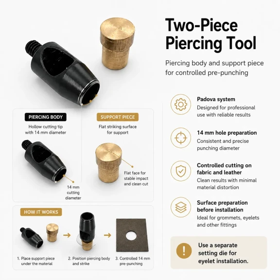 Delici Aparat Padova 14 mm, deri ve teknik tekstil yüzeylerinde 14 mm çapında delik açmak için kullanılan profesyonel aparat
