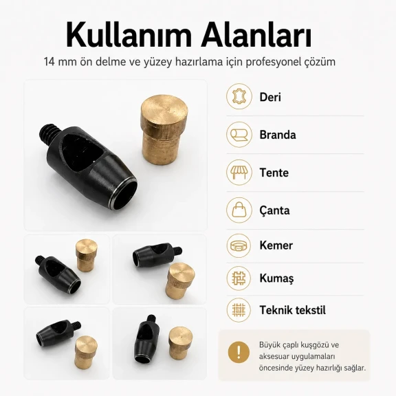 Delici Aparat Padova 14 mm, deri ve teknik tekstil yüzeylerinde 14 mm çapında delik açmak için kullanılan profesyonel aparat