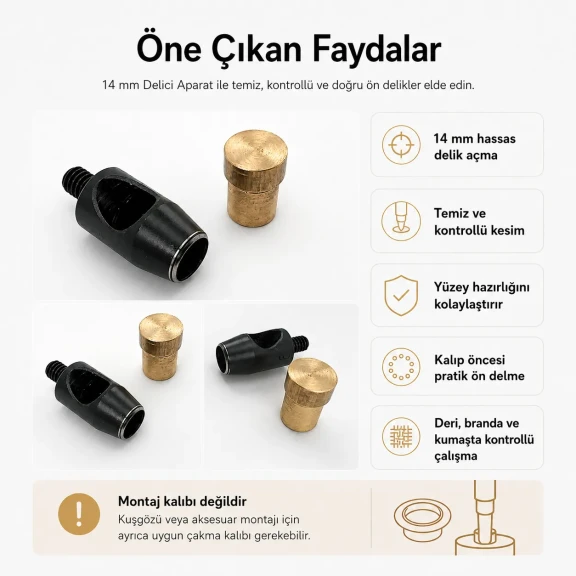Delici Aparat Padova 14 mm, deri ve teknik tekstil yüzeylerinde 14 mm çapında delik açmak için kullanılan profesyonel aparat