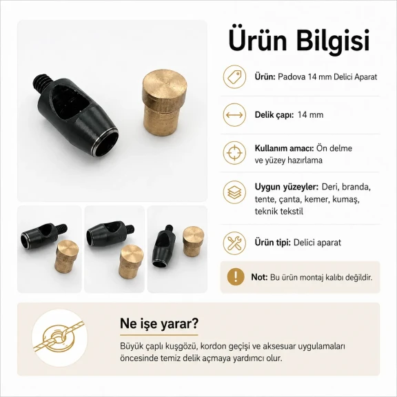 Delici Aparat Padova 14 mm, deri ve teknik tekstil yüzeylerinde 14 mm çapında delik açmak için kullanılan profesyonel aparat