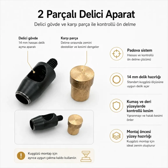 Delici Aparat Padova 14 mm, deri ve teknik tekstil yüzeylerinde 14 mm çapında delik açmak için kullanılan profesyonel aparat
