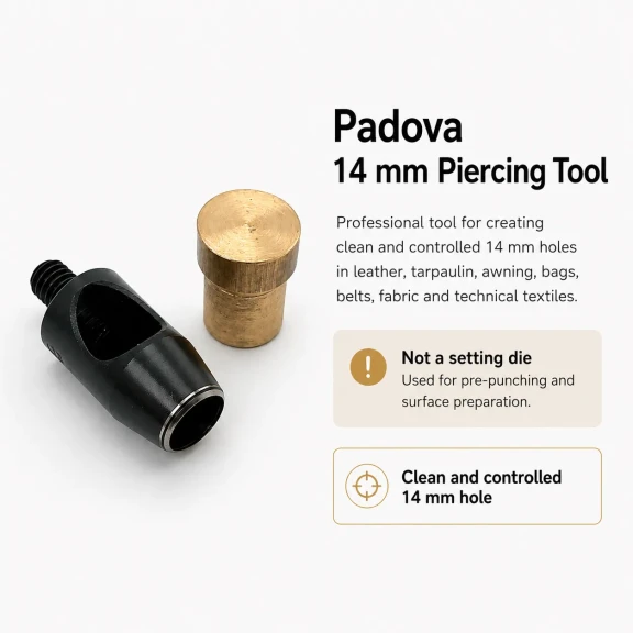 Delici Aparat Padova 14 mm, deri ve teknik tekstil yüzeylerinde 14 mm çapında delik açmak için kullanılan profesyonel aparat