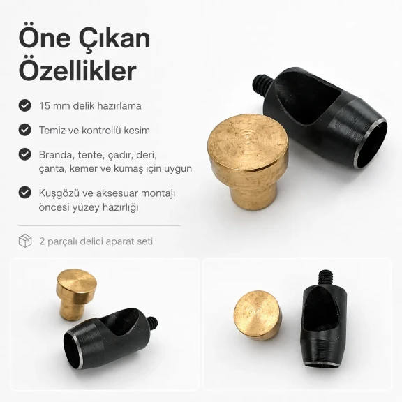 Delici Aparat Padova 15 mm, deri ve kumaş yüzeylerde 14 mm çapında delik açma işlemleri için ideal profesyonel aparat