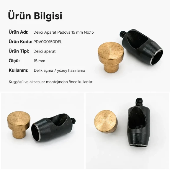 Delici Aparat Padova 15 mm, deri ve kumaş yüzeylerde 14 mm çapında delik açma işlemleri için ideal profesyonel aparat