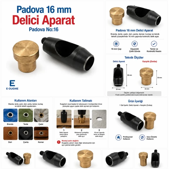 Delici Aparat Padova 16 mm, branda, tente, çadır, deri, çanta ve kalın kumaşlar için 16 mm çapında delik açma aparatı