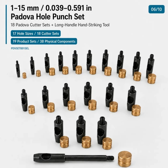 Padova Hole Cutter Collection with 18 Cutter Sets and Long-Handle Striking Tool, 1–15 mm / 0.039–0.591 in, suitable for