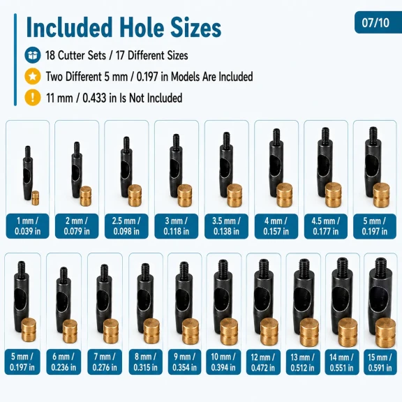 Padova Hole Cutter Collection with 18 Cutter Sets and Long-Handle Striking Tool, 1–15 mm / 0.039–0.591 in, suitable for