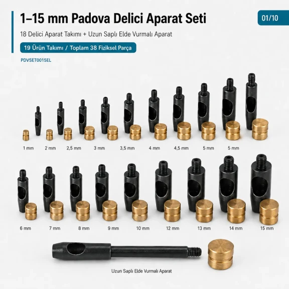 Padova Hole Cutter Collection with 18 Cutter Sets and Long-Handle Striking Tool, 1–15 mm / 0.039–0.591 in, suitable for