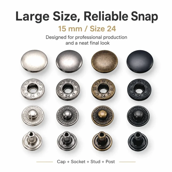 Alfa Çıtçıt Düğme 15 mm Metal Çıtçıt Düğme - 24 Boy Büyük Çıtçıt, tekstil ve aksesuar uygulamaları için ideal kapama çözümü