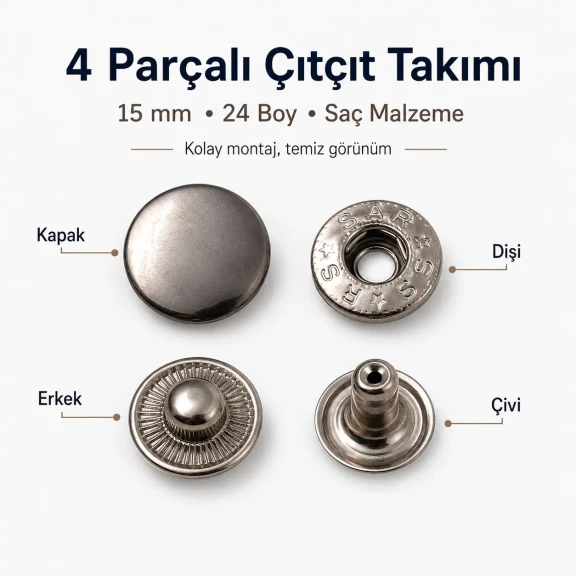 Alfa Çıtçıt Düğme 15 mm Metal Çıtçıt Düğme - 24 Boy Büyük Çıtçıt, tekstil ve aksesuar uygulamaları için ideal kapama çözümü