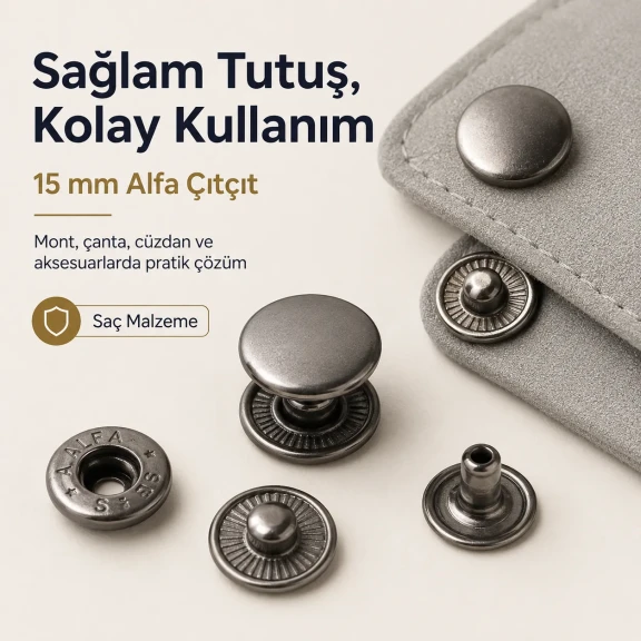 Alfa Çıtçıt Düğme 15 mm Metal Çıtçıt Düğme - 24 Boy Büyük Çıtçıt, tekstil ve aksesuar uygulamaları için ideal kapama çözümü