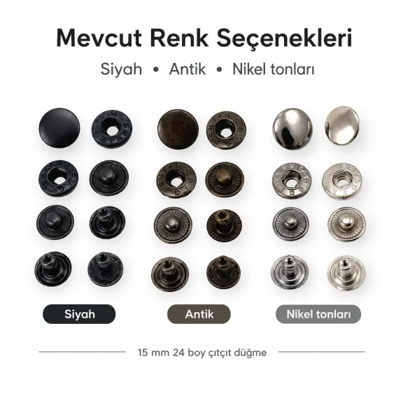 Alfa Çıtçıt Düğme 15 mm Metal Çıtçıt Düğme - 24 Boy Büyük Çıtçıt, tekstil ve aksesuar uygulamaları için ideal kapama çözümü