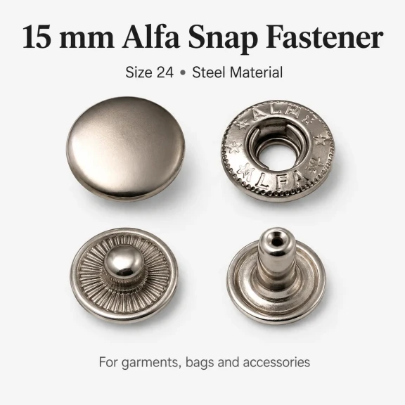 Alfa Çıtçıt Düğme 15 mm Metal Çıtçıt Düğme - 24 Boy Büyük Çıtçıt, tekstil ve aksesuar uygulamaları için ideal kapama çözümü