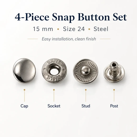Alfa Çıtçıt Düğme 15 mm Metal Çıtçıt Düğme - 24 Boy Büyük Çıtçıt, tekstil ve aksesuar uygulamaları için ideal kapama çözümü