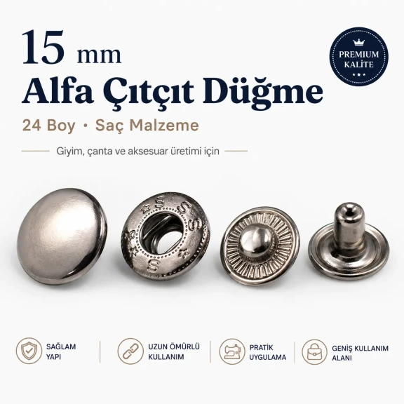 Alfa Çıtçıt Düğme 15 mm Metal Çıtçıt Düğme - 24 Boy Büyük Çıtçıt, tekstil ve aksesuar uygulamaları için ideal kapama çözümü