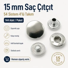 15 mm Metal Snap Button 54 System 4-Part Set - 144 Sets / Pack C00016