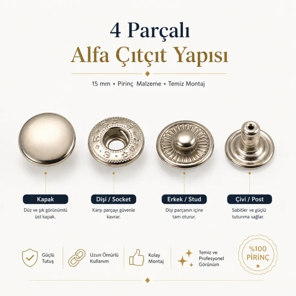 Alfa Pirinç Çıtçıt Düğme 15 mm Metal Çıtçıt - 24 Boy Büyük Çıtçıt C0001PR