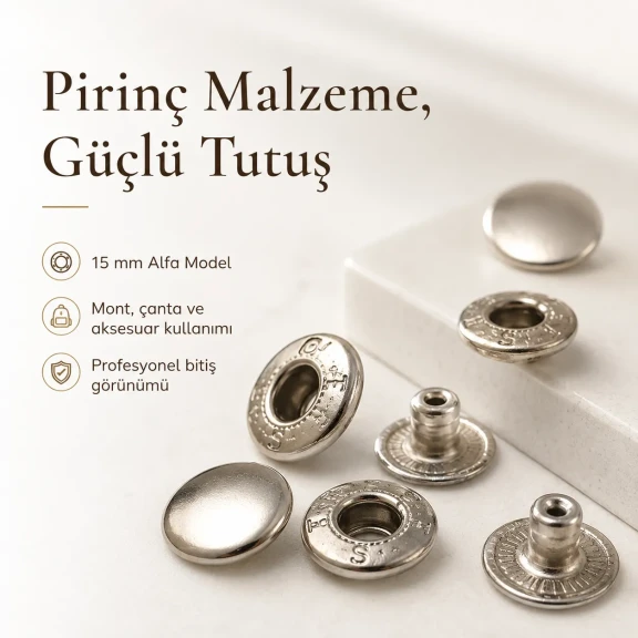 Alfa Pirinç Çıtçıt Düğme 15 mm Metal Çıtçıt - 24 Boy Büyük Çıtçıt C0001PR