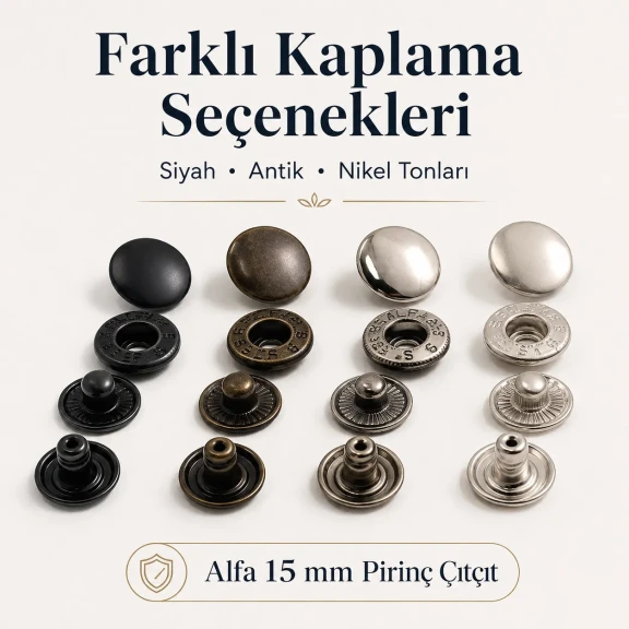 Alfa Pirinç Çıtçıt Düğme 15 mm Metal Çıtçıt - 24 Boy Büyük Çıtçıt C0001PR