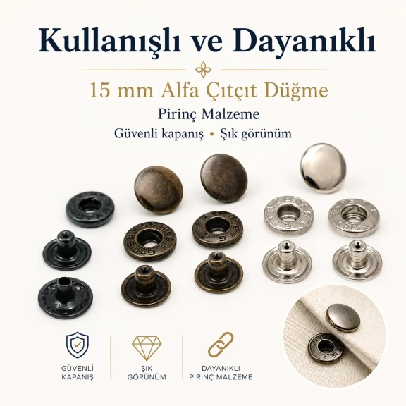 Alfa Pirinç Çıtçıt Düğme 15 mm Metal Çıtçıt - 24 Boy Büyük Çıtçıt C0001PR