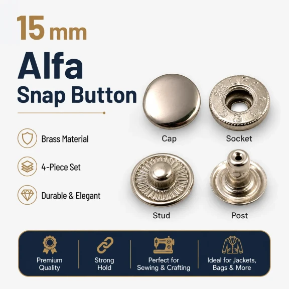 Alfa Pirinç Çıtçıt Düğme 15 mm Metal Çıtçıt - 24 Boy Büyük Çıtçıt C0001PR