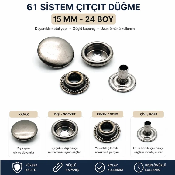 15 mm 61 Sistem Saç Çıtçıt Düğme - Mini 61 Para Tipi, hafif bombeli kapak formuyla tekstil, çanta ve branda uygulamalarında