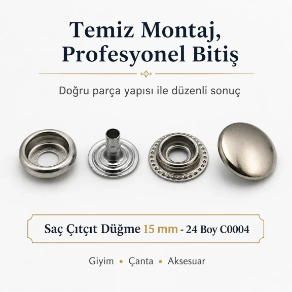 15 mm 61 Sistem Saç Çıtçıt Düğme - Mini 61 Para Tipi, hafif bombeli kapak formuyla tekstil, çanta ve branda uygulamalarında