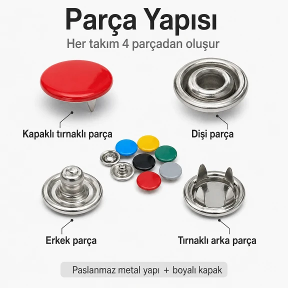 9,5 mm paslanmaz metal kapaklı klikıt çıtçıt, bebek giyimde ve çocuk kıyafetlerinde kullanıma uygun, renkli kapak ile şık