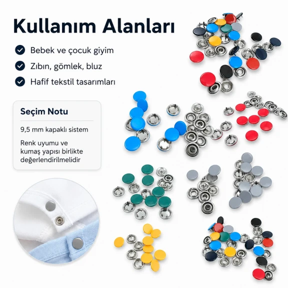 9,5 mm paslanmaz metal kapaklı klikıt çıtçıt, bebek giyimde ve çocuk kıyafetlerinde kullanıma uygun, renkli kapak ile şık